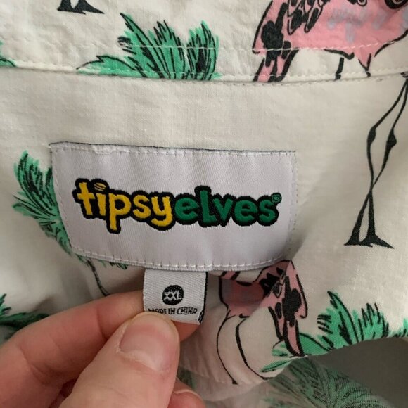 Tipsy Elves Button Up Shirt Men’s Size 2XL Flamingo Palm Trees White Tropical - Picture 8 of 9